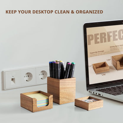 Desk Organizer Set of 3 - Bamboo Office Desk Accessories - Desk Organizers and Accessories for Women Men - Set incl. Pencil Pen Holder, Paperclip Storage and Sticky Note Holder