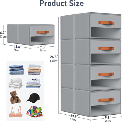 DIMJ Closet Organizers and Storage - Fabric Bins with Drawers for Closet Foldable Clothes Organizers with Clear Window, Stackable Storage Drawers Units for Bedroom, Living Room, 4-Pack, Grey