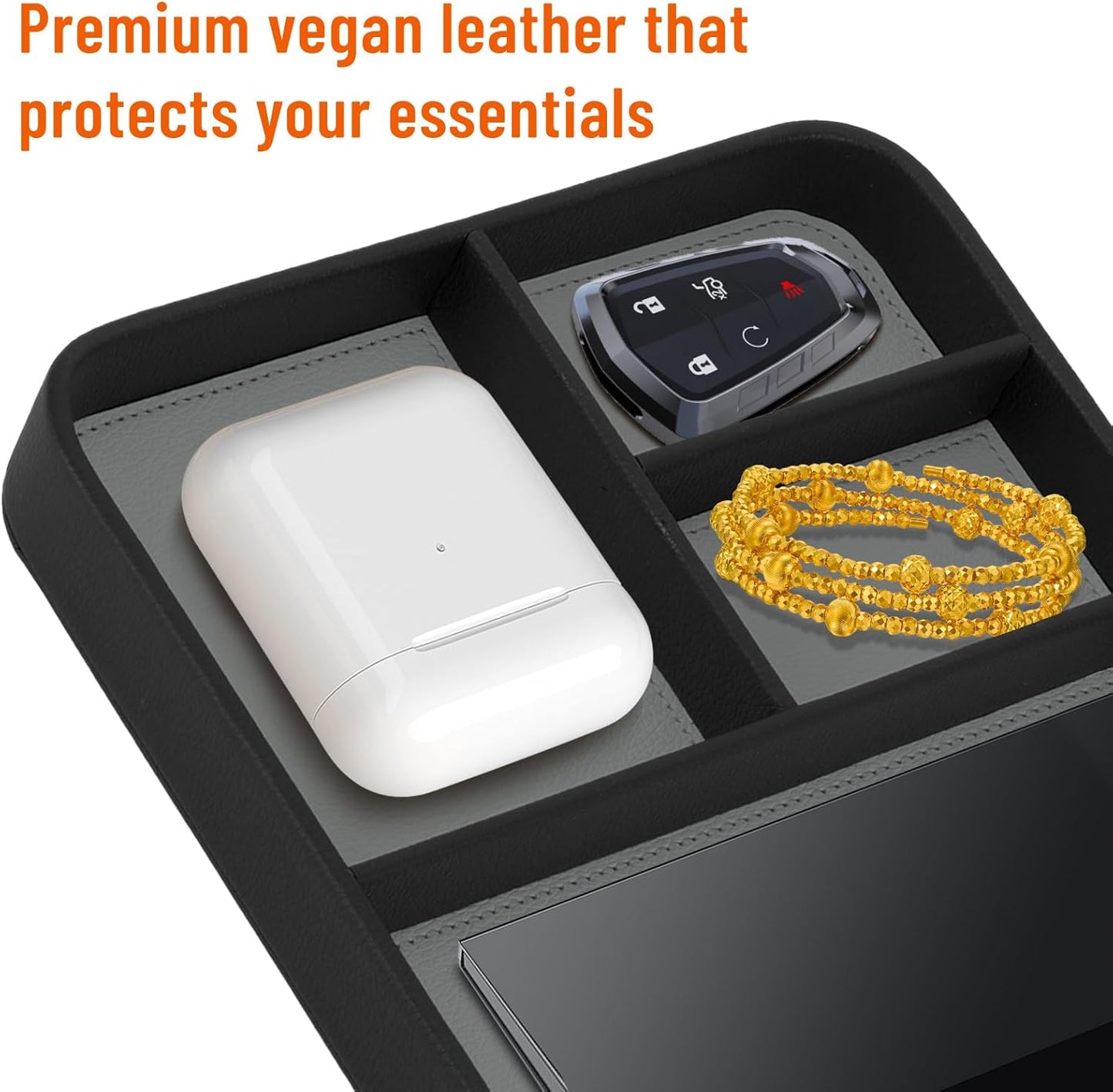 Valet Tray for Men, PU Leather Desk & Nightstand Organizer - Two-Toned Catch All Tray for Keys, Wallet, Watch, Jewelry and EDC Gear (black)