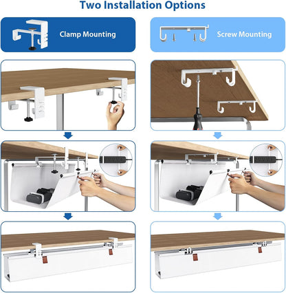 Zilink No Drill Under Desk Cable Management Tray 30" Cord Organizer for Table Clamp/Screw Mount Desk Cable Management Sturdy Waterproof Fabric Cord Hiders for Office, Home