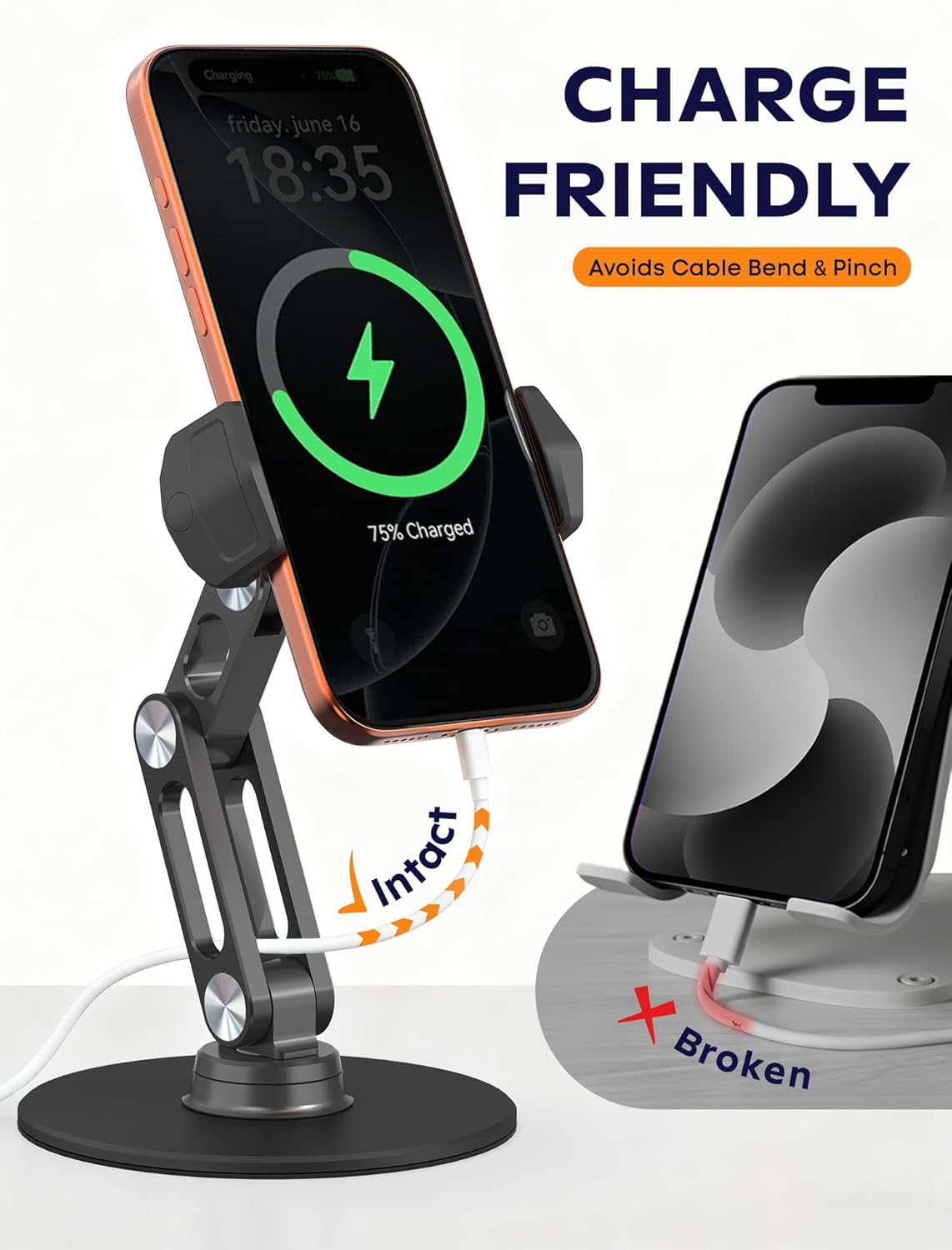 Phone Stand for Desk - Adjustable Height and Angle Foldable Cell Phone Stand Holder, No Dropping Stable Triple-Clamp Holder, Adjustable Tightness, Compatible with iPhone Android Phones, White