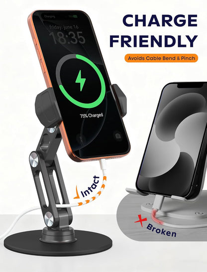 Phone Stand for Desk - Adjustable Height and Angle Foldable Cell Phone Stand Holder, No Dropping Stable Triple-Clamp Holder, Adjustable Tightness, Compatible with iPhone Android Phones, White