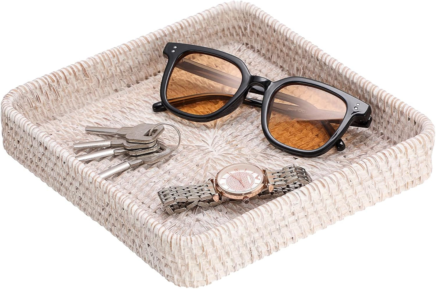 Hipiwe Key Basket Tray for Entryway Table Rattan Serving Tray Handwoven Wicker Baskets Vanity Trays Square Decorative Fruit Trays for Kitchen Counter Bedside Living Room Bathroom, 8.1"