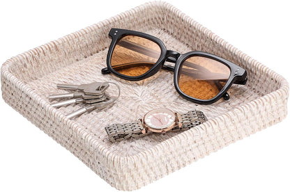 Hipiwe Key Basket Tray for Entryway Table Rattan Serving Tray Handwoven Wicker Baskets Vanity Trays Square Decorative Fruit Trays for Kitchen Counter Bedside Living Room Bathroom, 8.1"