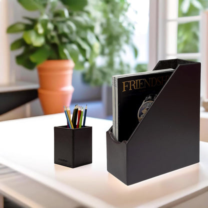 UnionBasic Square Pen Holder, Leather Pencil Cup, Desktop Caddy Stationery Organizer, Beige