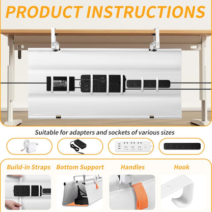 Under Desk Cable Management Tray with Clamp, No Drill 36" Cord Organizer for Desk, Desk Cable Management Fabric Tray for Standing Desks, Ideal for Home & Office - White