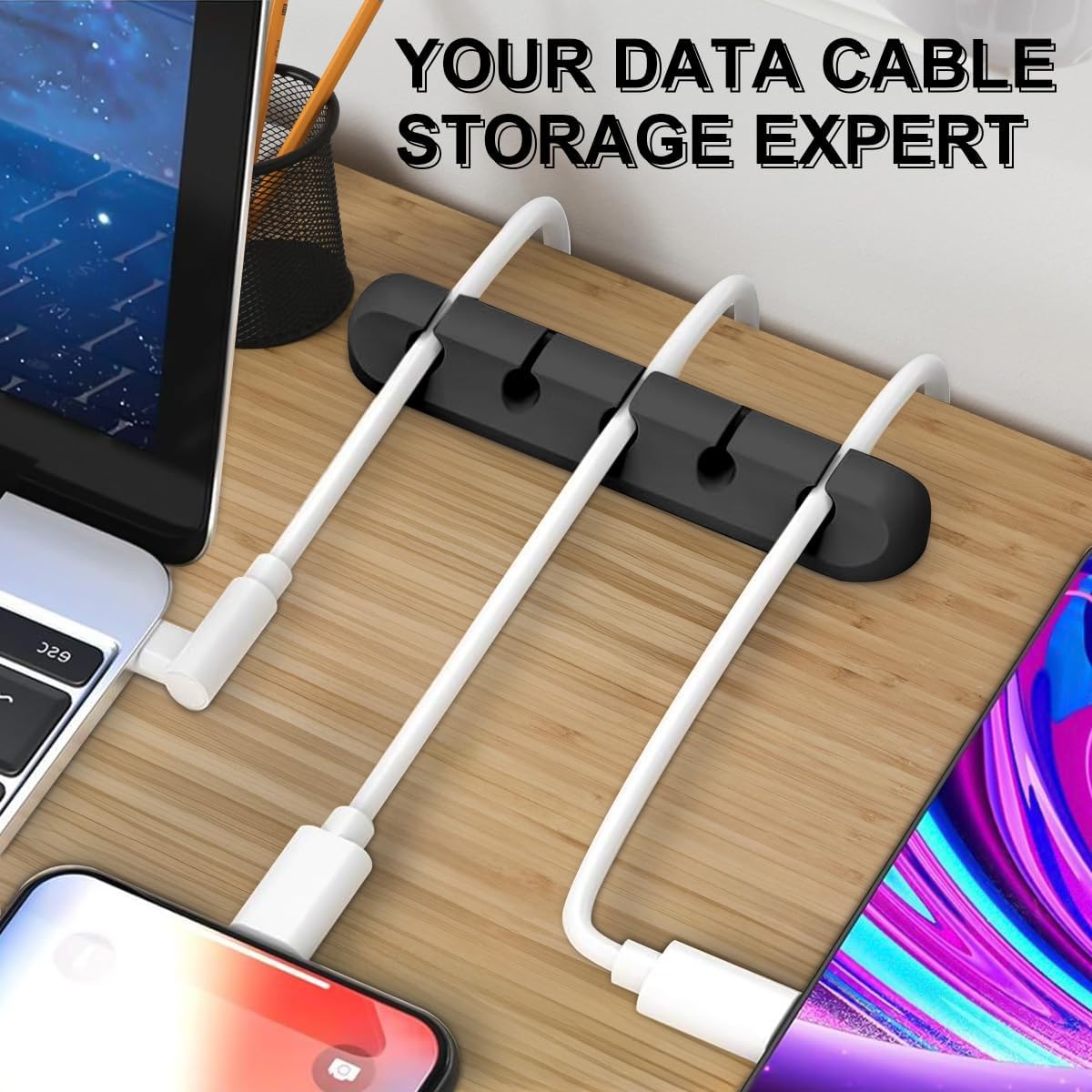 5 Packs Cord Organizer, Cable Management USB Power Wire Cord Clips, Cable Organizers for Car Home and Office (1, 2, 3, 5, 7 Black)
