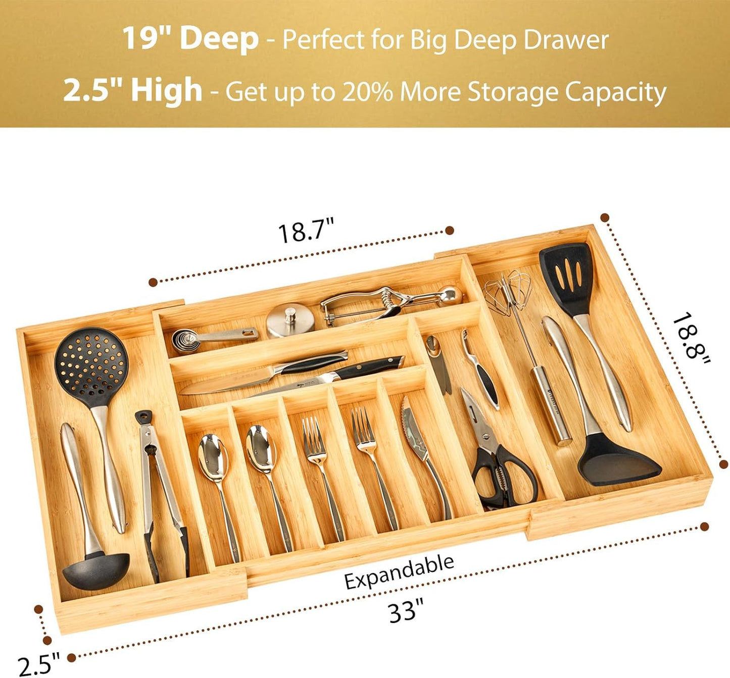 Umilife Bamboo Kitchen Drawer Organizer, 13 Inch Silverware Utensil Tray Holder, Extra Deep Grooved Drawer Divider, 7 Slots Total Bamboo Wood Caddy for Flatware Cutlery Knives, Forks, Spoons