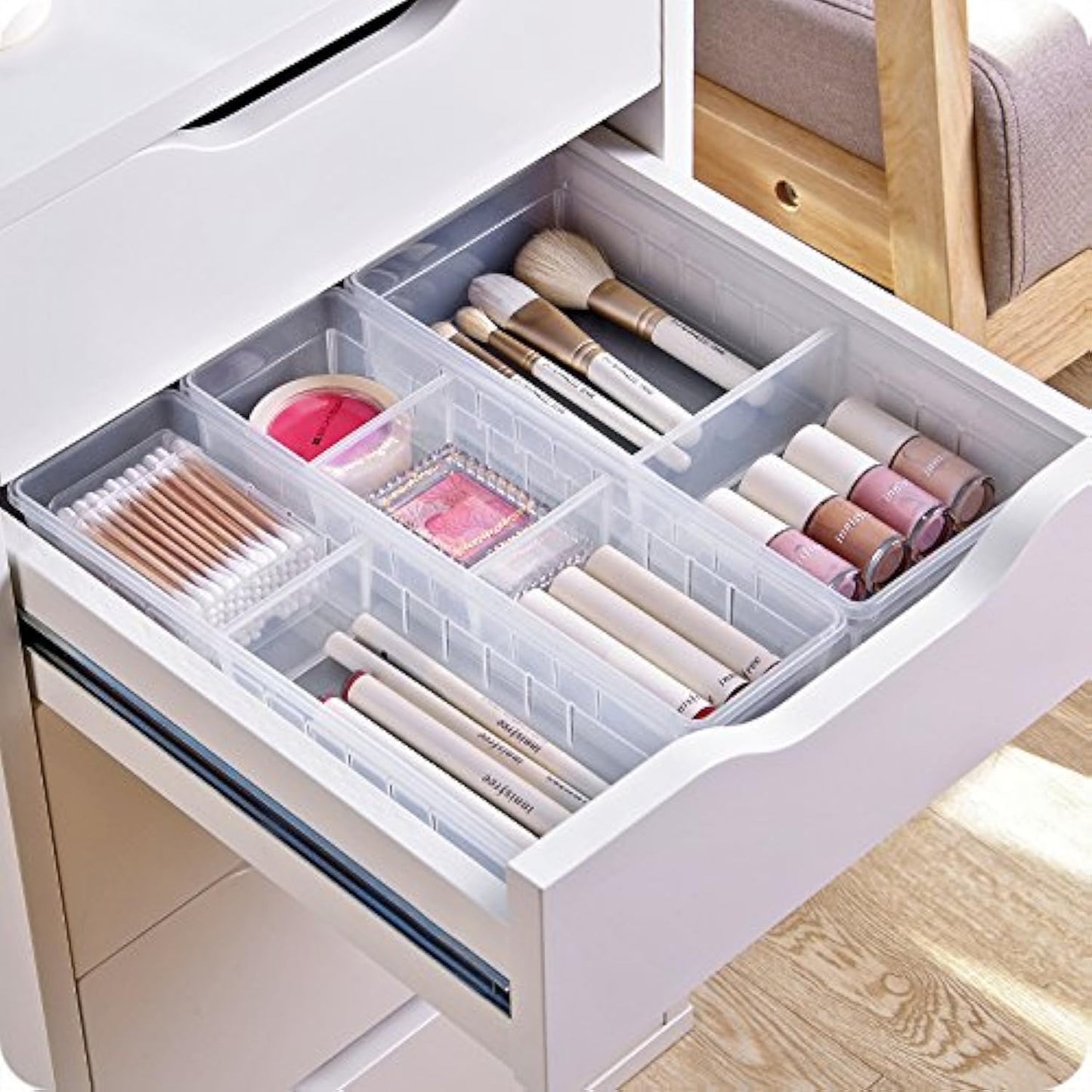 Chris.W Desk Drawer Organizer Tray with Adjustable Dividers, Multi-Drawers for Makeups, Utensil, Pens, Flatware and Junks - Set of 4 (2 Large + 2 Small) 10.24 Inch Length