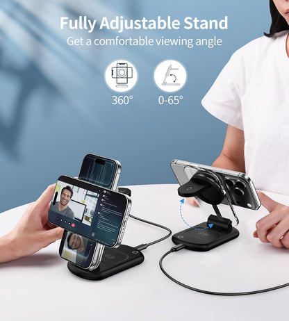 3 in 1 Magnetic Wireless Charging Station for Apple Devices, Fast Foldable Travel Mag-Safe Charger Stand with Night Light for iPhone 17 16 15 14 13 12 Series, Apple Watch/AirPods Pro, BU