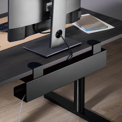 Mount-It! Under Desk Cable Management Tray – Clamp-On No-Drill Metal Cable Management Tray for Desk & Standing Desk, Wire & Cord Organizer for Power Strips, Glass Desks – 23.6” Black