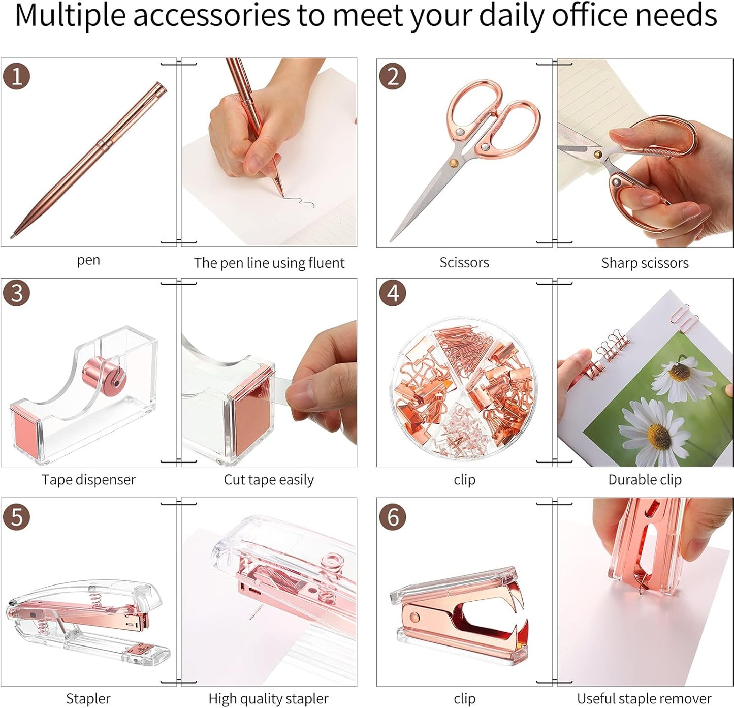 Office Supplies Set Desk Accessory Kit, Acrylic Stapler Set Staple Remover, Tape Dispenser, Binder Clips, Paper Clips, Ballpoint Pen and Scissor with 1000 Pieces 26/6 Staples (Silver)