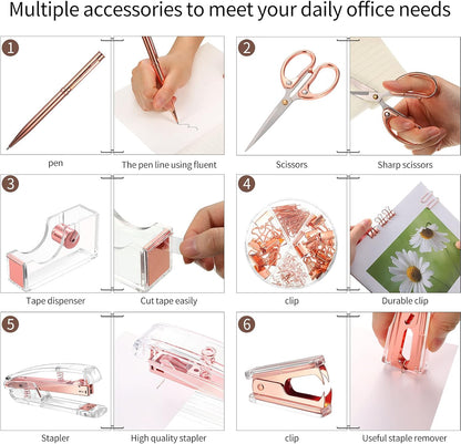 Office Supplies Set Desk Accessory Kit, Acrylic Stapler Set Staple Remover, Tape Dispenser, Binder Clips, Paper Clips, Ballpoint Pen and Scissor with 1000 Pieces 26/6 Staples (Silver)