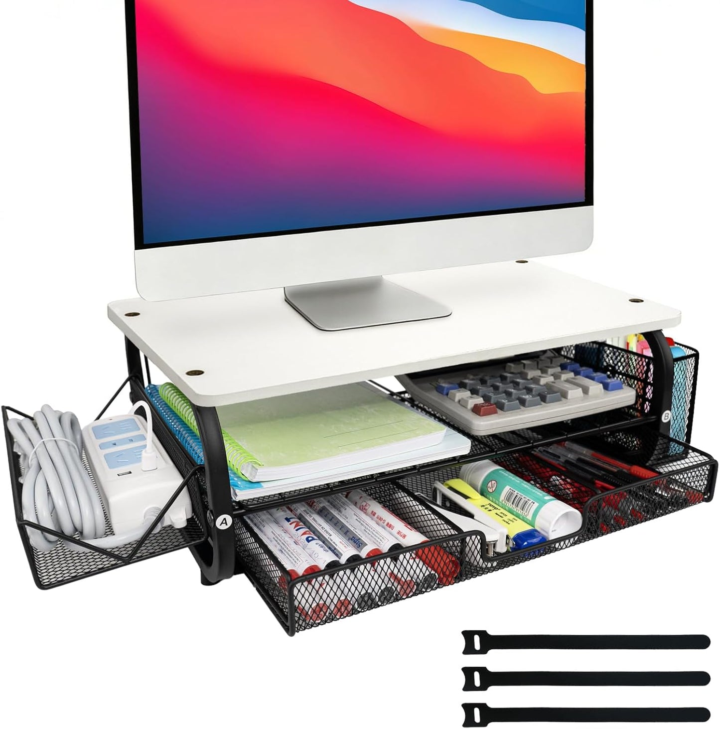 Desk Organizers and Accessories Monitor Riser, Monitor Stand with Drawer (2-Tier Drawers) with Large Side Storage Rack & Cable Management,66LBS/30KG, Office Organization, Walnut Brown
