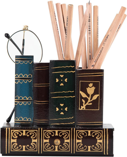 VERGOODR Decorative Pencil and Pen Holder with Storage Drawer, Wooden Desk Organizer Caddy, Antique Library Books Design Pen Cup for Office Supplies, Countertop, Desk,Table (Reddish brown)