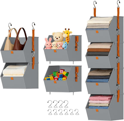 DIMJ Hanging Closet Organizer - 4 Tier Collapsible Hanging Shelves with Hooks Zipper, Fabric Clothes Organizer, Space-Saving Storage Bin Basket for RV, Bedroom, Laundry Organization
