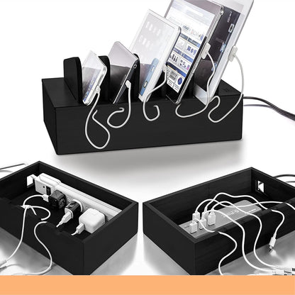 Prosumer's Choice Natural Bamboo Device Charging Station for Multiple Devices | Desk Dock Organizer for Cell Phone, Tablet, Apple iPhone, iPad | with Removable Dividers - Black