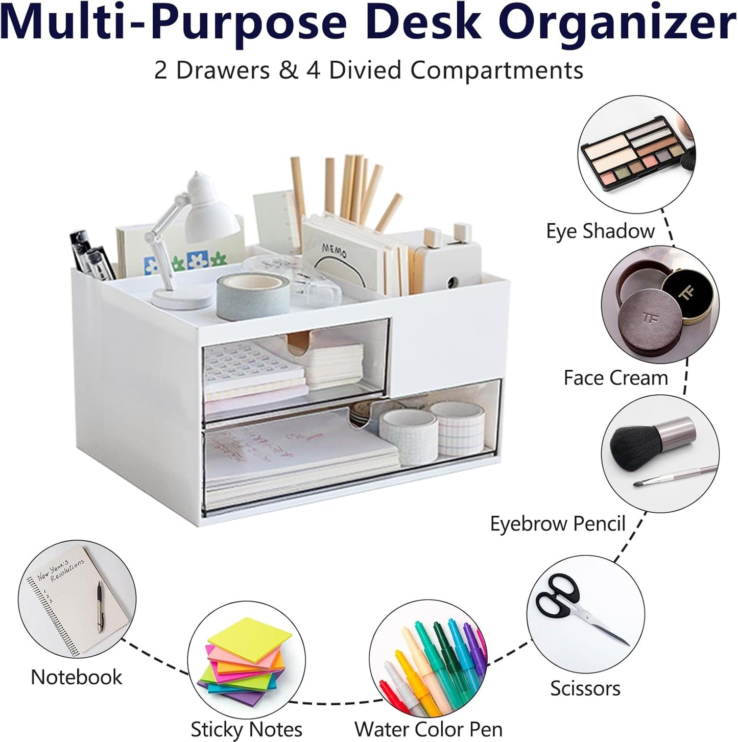 Desk Organizer with Drawers Stackable Storage Drawers, Plastic Compact Desk Storage Box Great for Office School Home Small Space- 1drawers (White)
