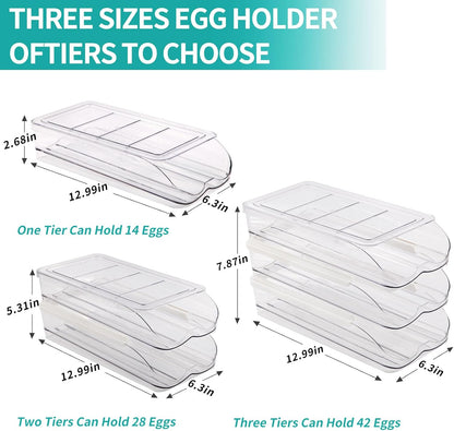 RoskDeewat Egg Holder for Fridge, Automatic Rolling Egg Container for Refrigerator, Stackable Fridge Organizers and Storage with Lid, Clear Plastic Egg Dispenser,Bin & Tray (1 Tier)