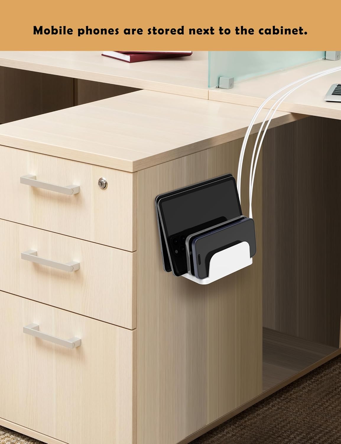 Phone Wall Mount Storage Organizer, Compatible with iPhone and Android, Holds Four Phones or Tablets at Once Charging Holder Station Fit for ipad, Kindle and More (Black)