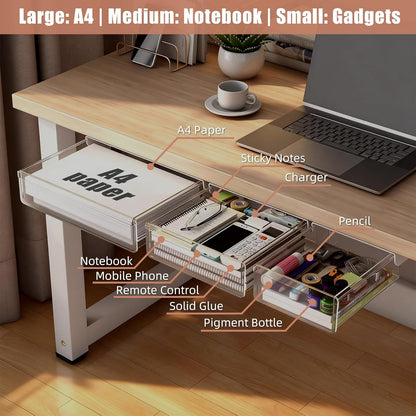 TooCust 3 Pack Under Desk Drawer Slide Out Storage Organizer, Clear White 3 Sizes (S/M/L), Dual-Mount Hidden Table Tray for Tablets, Planners & Office Supplies