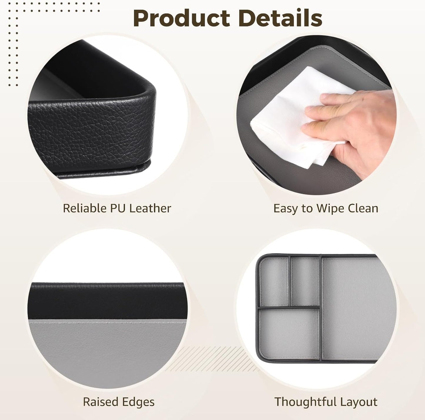 4-Compartment PU Leather Tray, Divided Catchall Organizer for Desk and Entryway, Stylish PU Leather Valet Tray, Multifunctional Storage Organizer for Phone Key Watch Wallet Jewelry