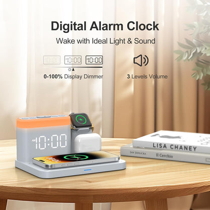 ANJANK Wireless Charging Station,5 in 1 Multiple Charger Stand with Alarm Clock,7 Night Light,Mag-Safe Charging Dock for iPhone 17 16 15 14 13 12 Pro Max Plus,Apple Watch 11/10/9/8,for Airpods,Bedroom