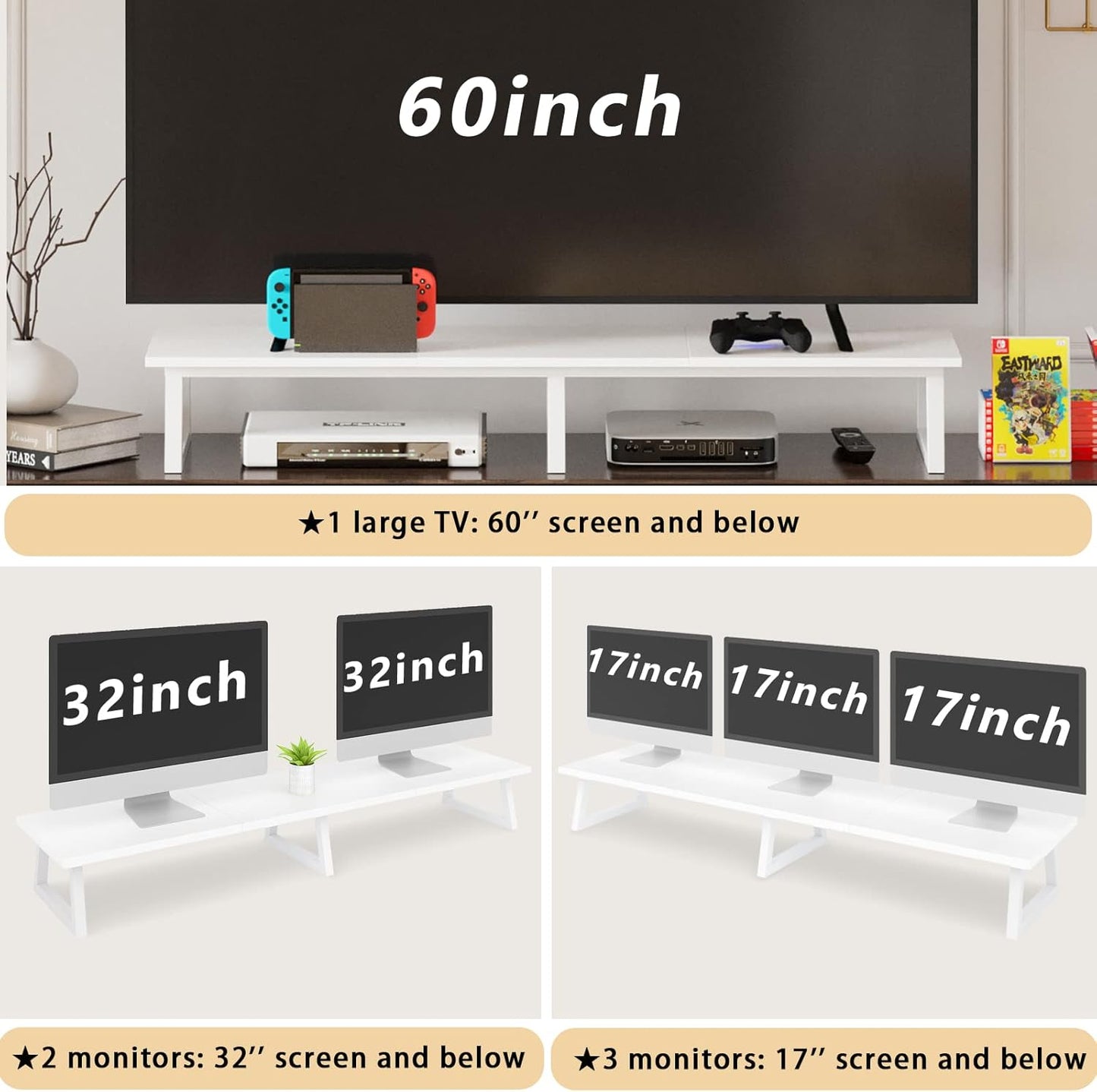 TEAMIX 42 inch Large [Dual] [Monitor] [Riser],Rustic Brown Extra Long TV [Stand Wood & Steel Desktop [Riser] with Storage for [Dual] Screen Office Desk Organization