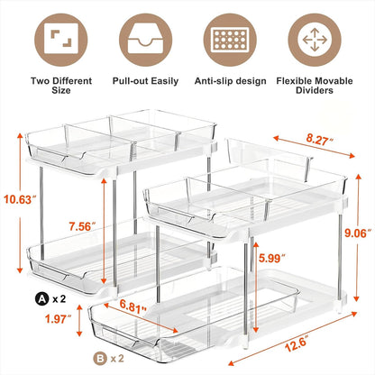 Delamu 2-Tier Multi-Purpose Bathroom Under Sink Organizers and Storage, Stackable Kitchen Pantry Organization, Pull Out Medicine Cabinet Organizer with Movable Dividers, White, 2 Pack