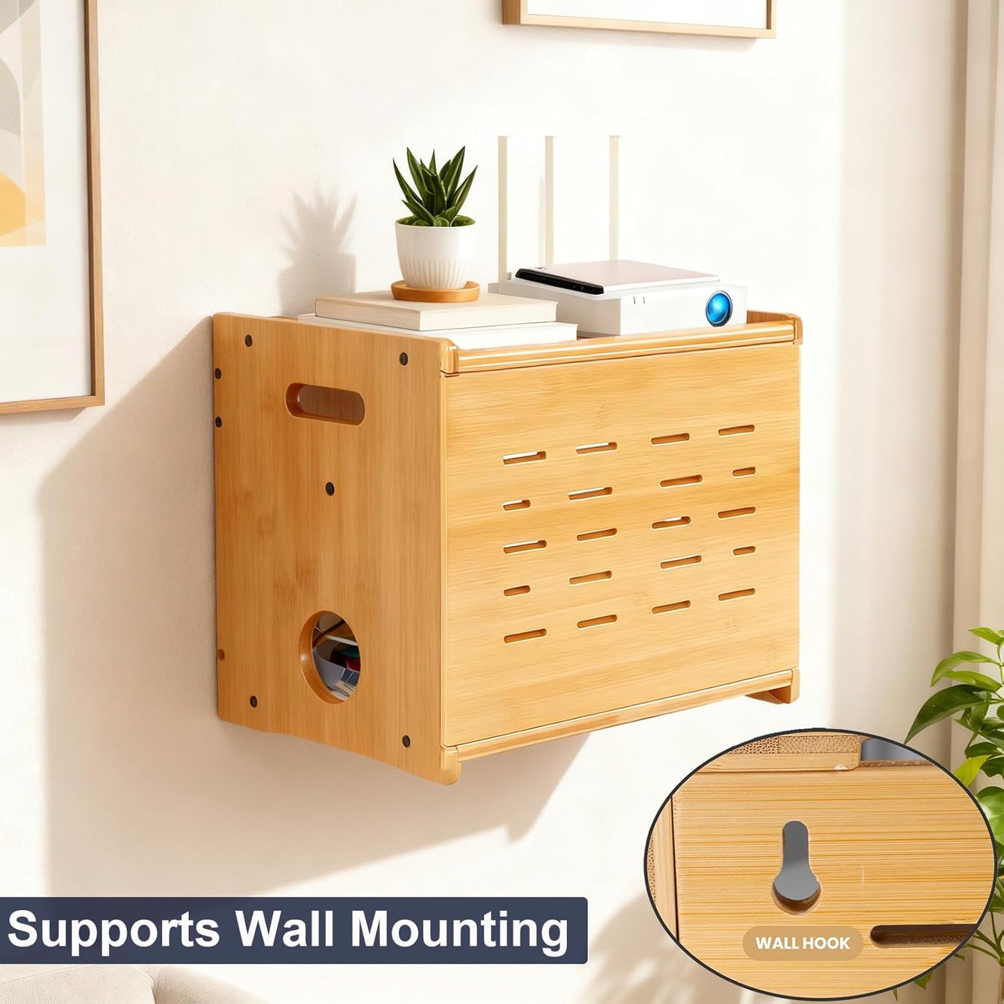 Fullin Upgrade WiFi Router Storage Box Hider, Large Capacity Projector Shelf, Wall Mount or Desktop Cable Management Box, Bamboo Modem Organizer Power Strip Hider Rack Need Assembly