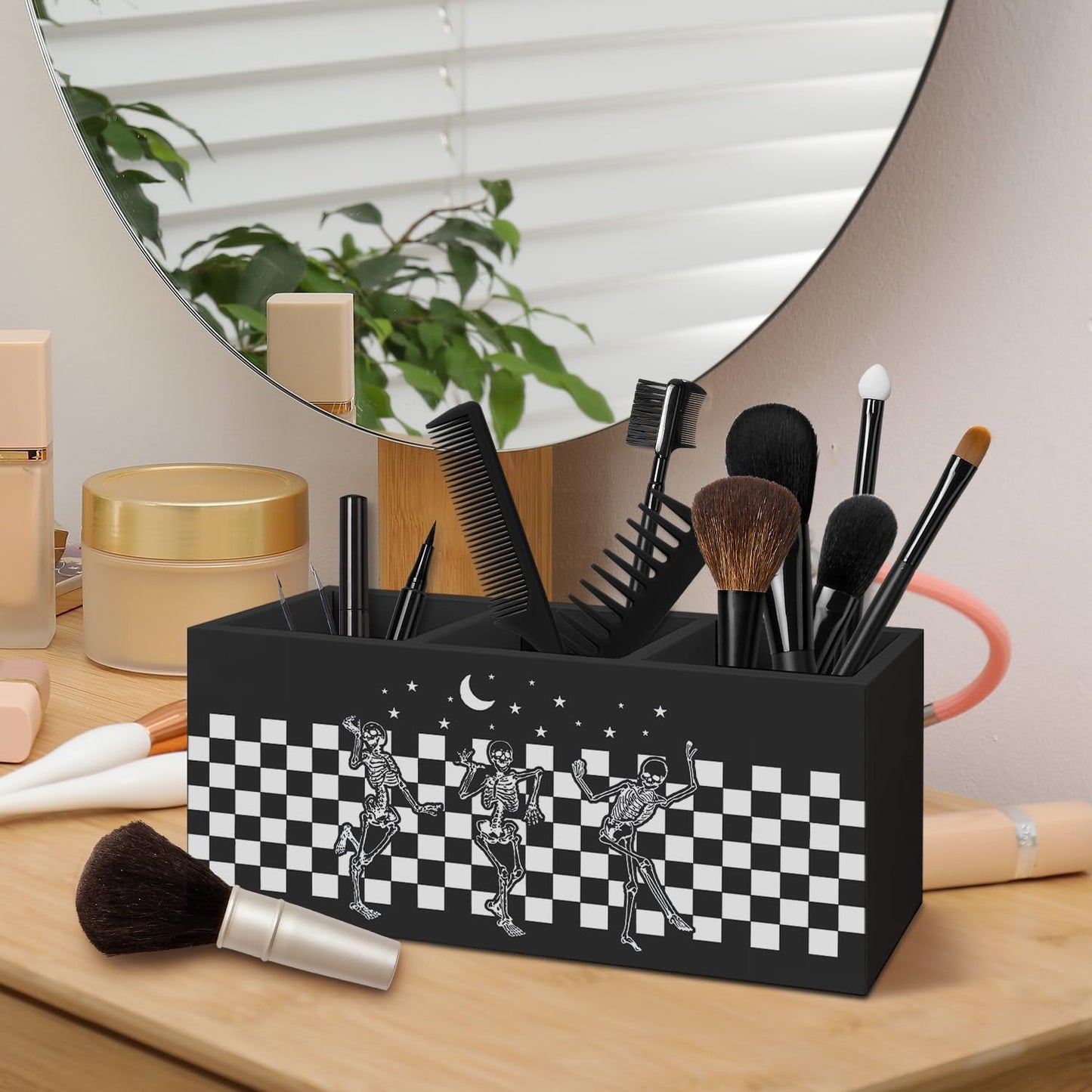 Gothic Office Decor Black Wooden Pen Pencil Holder for Desk Accessories, Dark Gothic Witchy Aesthetic Wood Makeup Brush Toothbrush Holder Organizer for Vanity Bathroom