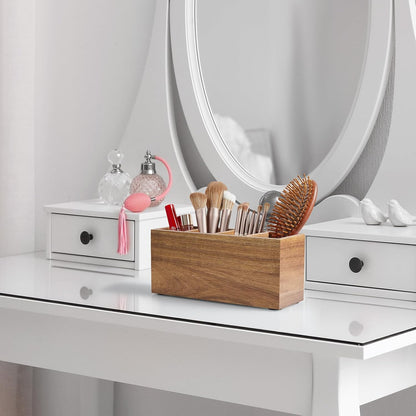 Bivvclaz Pencil Pen Holder for Desk, Acacia Wood Office Desk Organizers and Accessories with 4 Slots for Countertop, Makeup Brush Holder Organizer for Bathroom Vanity, Silverware Caddy for Party