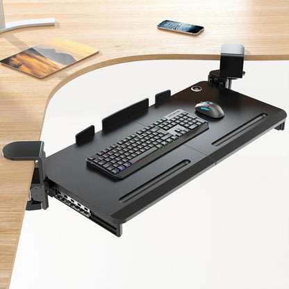Supcline Keyboard Tray Under Desk with 60° Swivel C-Clamp & Height Adjustment for Corner Desk, 25.6 x 11.8 in Slide Out Keyboard Mouse Platform for l-Shaped & L-Shaped Table, Pull Out Keyboard Drawer