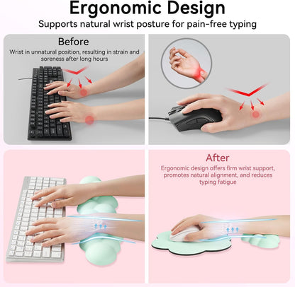 Sushret Cloud Wrist Rest for Computer Keyboard, 4-in-1 Memory Foam Leather Cloud Keyboard Wrist Rest and Mouse Pad Set with Ergonomic Support for Arm and Palm Cushion, Gaming/Work Setup, Rainbow