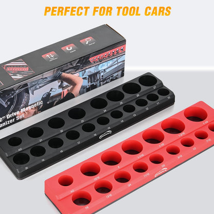 GOOACC 1/4" Magnetic Socket Organizer, 2 Pieces Socket Holder Metric SAE Socket Tray, 1/4 inch Socket Organizer Tray Holds 52 Standard Sockets for Tool Box Drawer