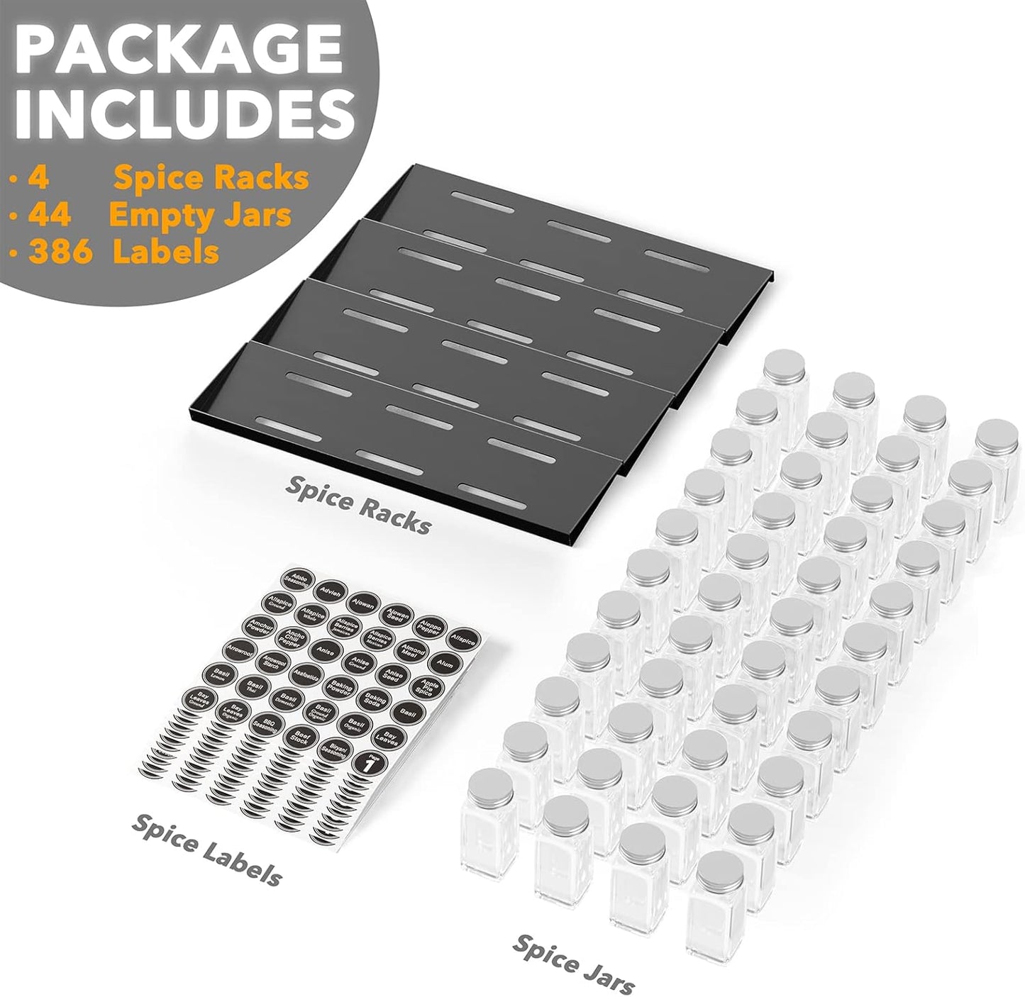 SpaceAid Spice Drawer Organizer with 28 Spice Jars, 386 Spice Labels, 4 Tier Seasoning Rack Tray Insert for Kitchen Drawers, 13" Wide x 17.5" Deep