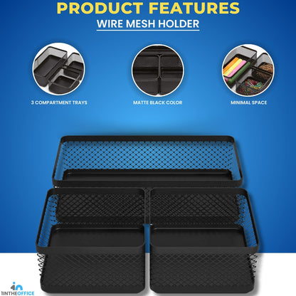 1InTheOffice Mesh Collection Desk Drawer Organizer Tray 3 Compartment - Stackable, Matte Black (2pack)