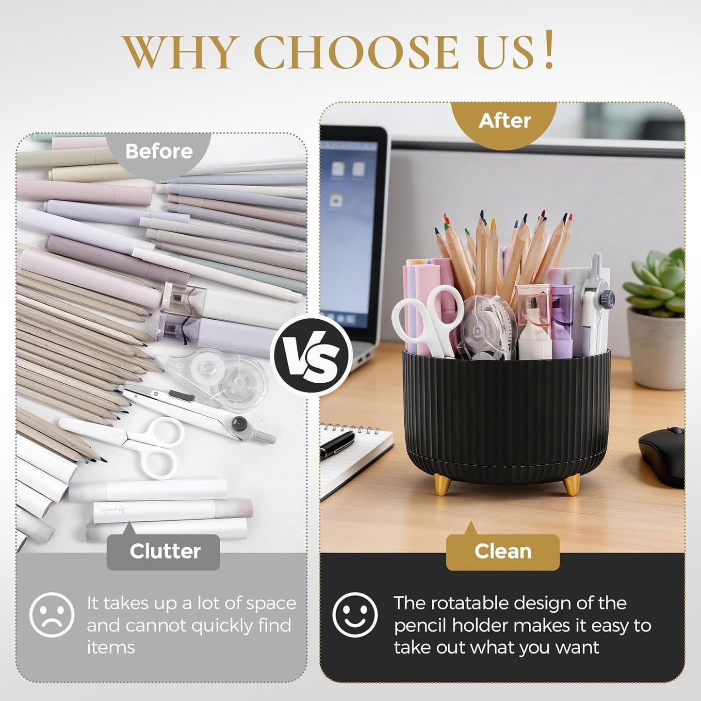 KONVINIT Pencil Pen Holder for Desk, 5 Slots 360 - Degree Rotating Desktop Organizer, Cute Desk Organizers and Accessories for School, Home, Office and Art Supply, Beige