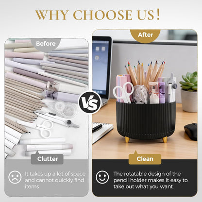 KONVINIT Pencil Pen Holder for Desk, 5 Slots 360 - Degree Rotating Desktop Organizer, Cute Desk Organizers and Accessories for School, Home, Office and Art Supply, Beige
