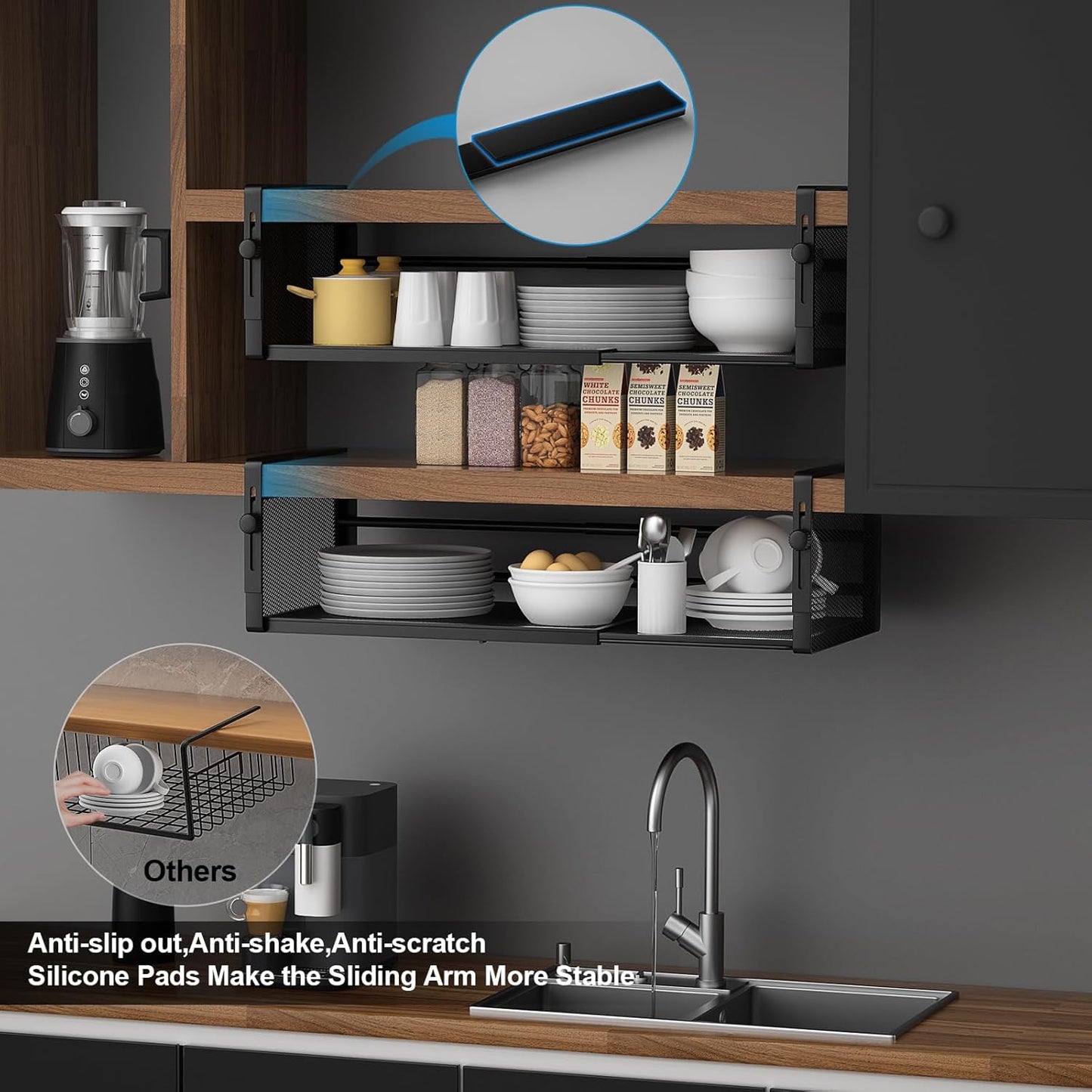AmonHouseware 2Pack Under Shelf Basket, Adjustable Hanging Under Cabinet Shelf Storage, Hanging Holder Length Stretchable 14.9-22.6Inch for Kitchen Pantry Desk Counter Bookshelf Cupboard (Black)