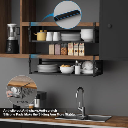AmonHouseware 2Pack Under Shelf Basket, Adjustable Hanging Under Cabinet Shelf Storage, Hanging Holder Length Stretchable 14.9-22.6Inch for Kitchen Pantry Desk Counter Bookshelf Cupboard (Black)