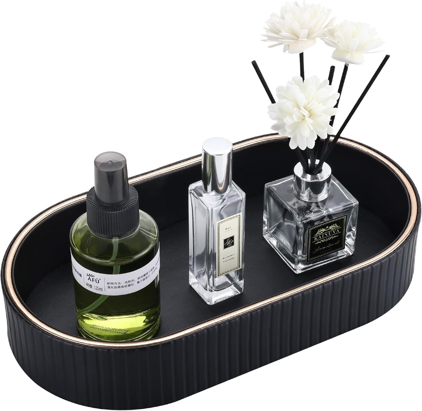 GORESE PU Leather Perfume Tray Nightstand Organizer, Small Oval Desk Tray Jewelry Trinket Trays Valet Organizer Key Bowl for Entryway Dresser Bathroom, Catchall Trays for Men Women, 11×5.9 in, Beige