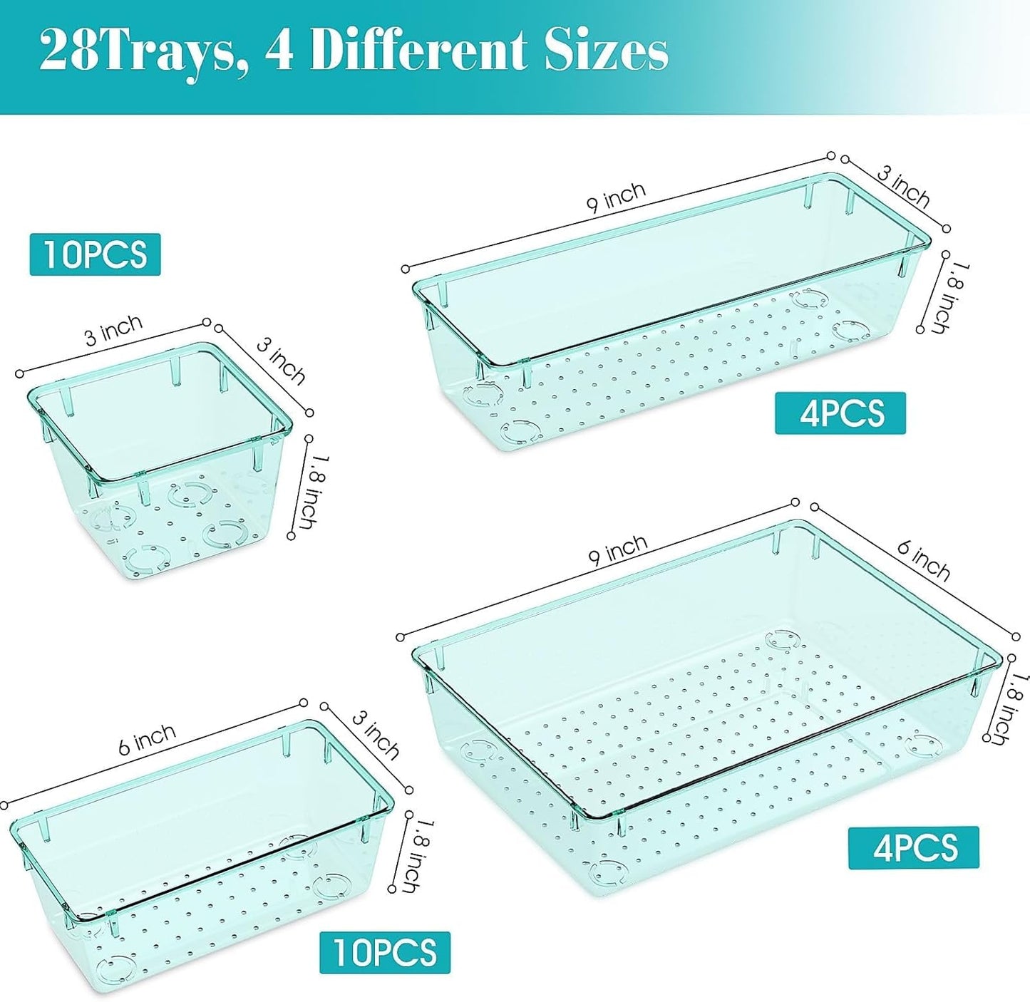 StorMiracle 28 PCS Clear Plastic Drawer Organizers Set, 4 Size Desk Drawer Organizer Trays for Makeup, Jewelry, Kitchen Utensils, Gadgets and Office Accessories