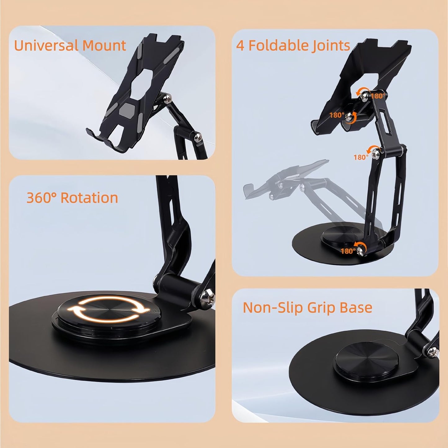 All-Metal Cell Phone Stand 360° Rotatable & Height Adjustable - 25KG Super Load-Bearing, Foldable Desk Stand for Phone, Compatible with iPhone 17/16/15/14, Nintendo Switch, Silver