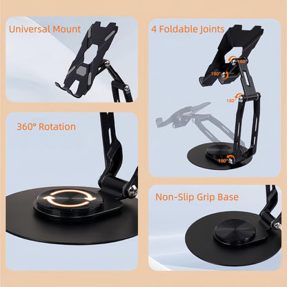 All-Metal Cell Phone Stand 360° Rotatable & Height Adjustable - 25KG Super Load-Bearing, Foldable Desk Stand for Phone, Compatible with iPhone 17/16/15/14, Nintendo Switch, Silver