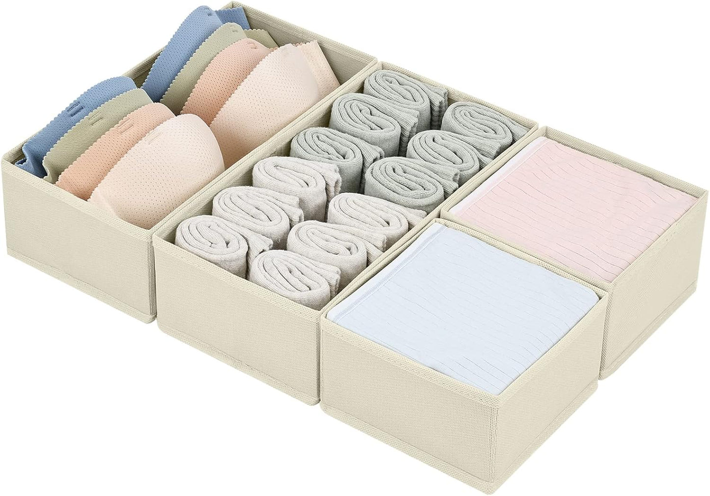 DIMJ Drawer Organizers Clothes, Dresser Organizer Bins for Baby Clothes,Underwear and Sock, Fabric Closet Organization and Storage Boxs, Drawer Dividers for Nursery, Clothing, Tie - 4 Pack, Beige