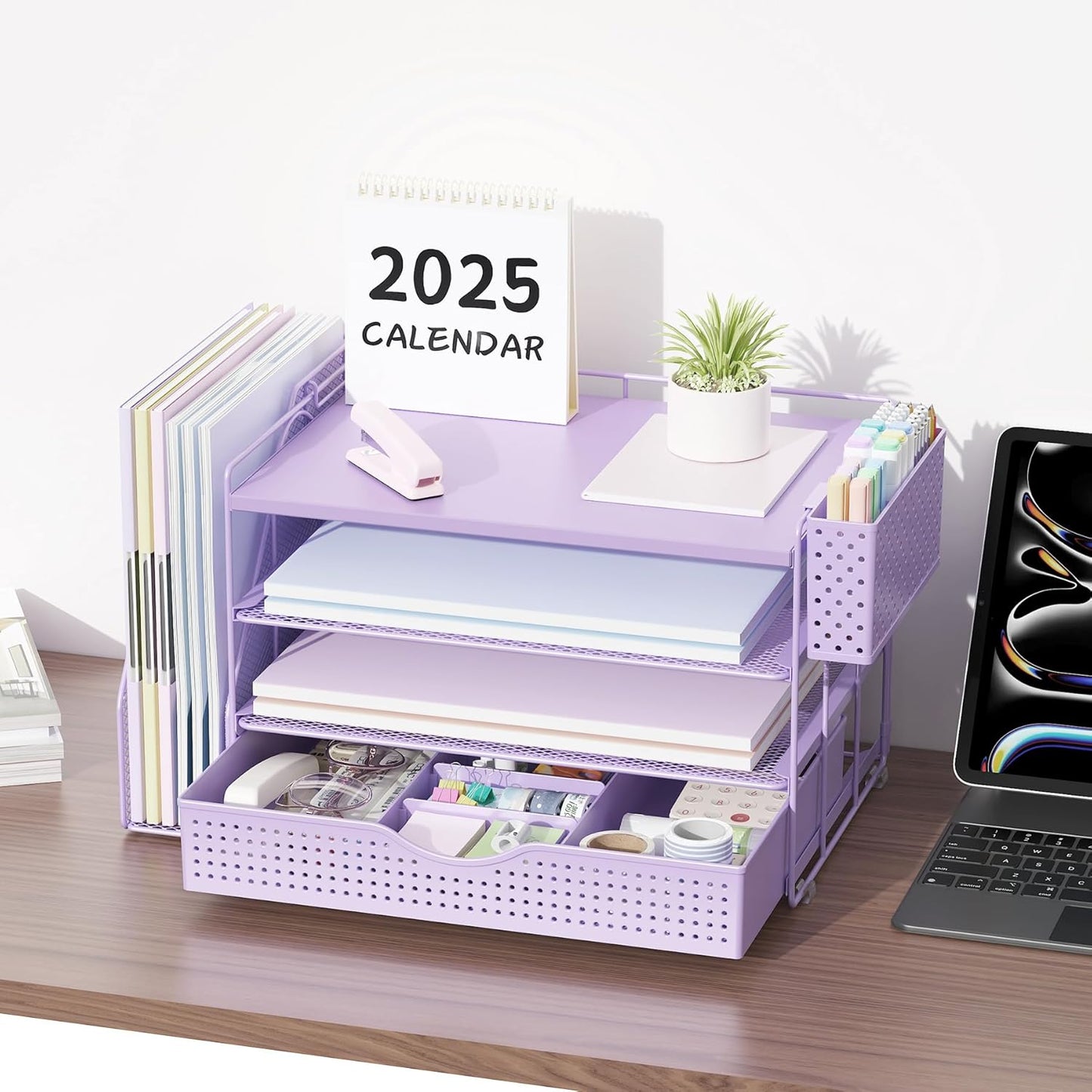 gianotter Wood Desk Organizers and Accessories with File Holder, 4-Tier Desk Accessories & Workspace Organizers with Drawer and Pen Holder, Desk Reference Organizer (Wood)
