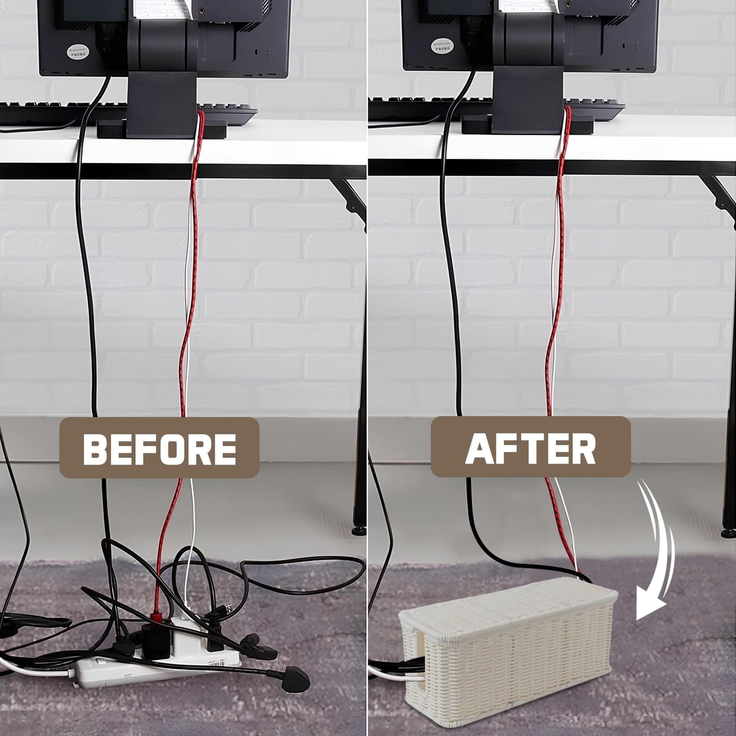 Cable Management Box, Handmade Rattan Cable Organizer with 2 Open Slots, Cord Hider for Power Strip, Router & USB Hub, Registered U.S. Design Patent (D1,112,102), 13" x 5.1" x 5.1", Natural