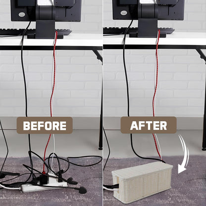 Cable Management Box, Handmade Rattan Cable Organizer with 2 Open Slots, Cord Hider for Power Strip, Router & USB Hub, Registered U.S. Design Patent (D1,112,102), 13" x 5.1" x 5.1", Natural