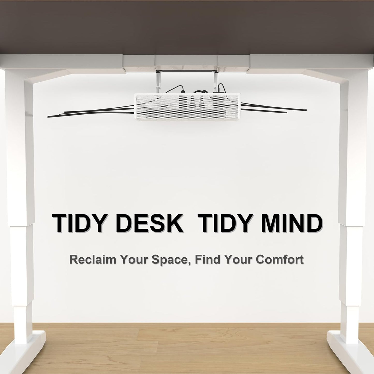 Under Desk Cable Management Tray - Fits up to 1.77" Thick Desks, No-Drill Clamp-on Wire Organizer, Reversible Inward/Outward Install, Heavy Duty Metal Power Strip Holder for Home Office & Gaming Desk